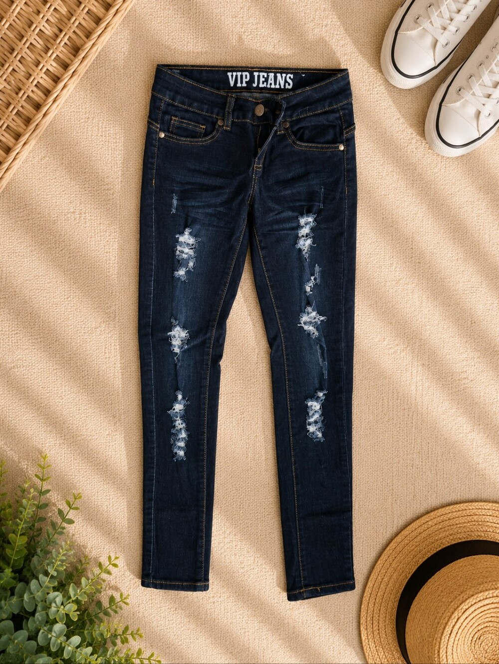 VIP Jeans Women's Distressed Dark Blue Skinny Jeans